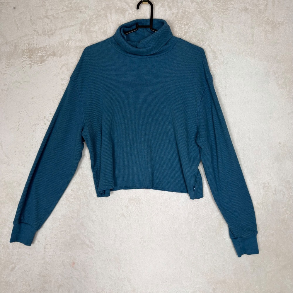 Tna Aritzia Teal Blue Waffle Knit Turtleneck Crop Top Long Sleeve Minimalist M